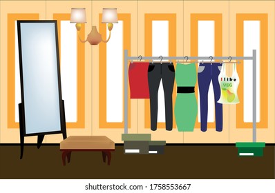 illustration wardrobe room clothes to hangers, large mirror, wall lamp, boxes with shoes on the floor