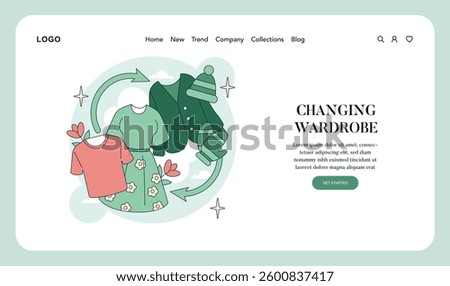 Illustration of a wardrobe transformation showcasing casual clothing options. Three garments are featured, symbolizing seasonal change. It conveys a fresh start for updating style and trends. Vector