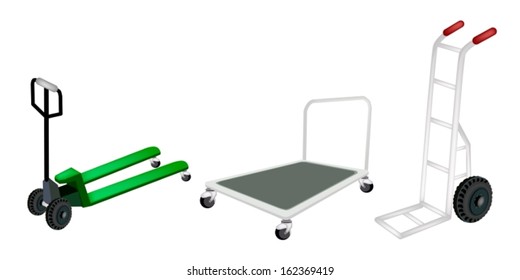 An Illustration of Warehouse or Construction Equipment, Hand Truck, Dolly and Fork Pallet Truck Isolated on White Background 