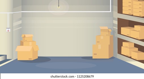 Illustration of a warehouse room with boxes situated in basement. Background scene for your design project.