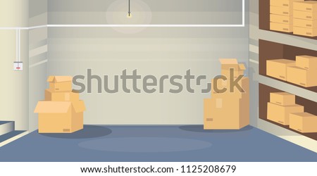 Illustration of a warehouse room with boxes situated in basement. Background scene for your design project.