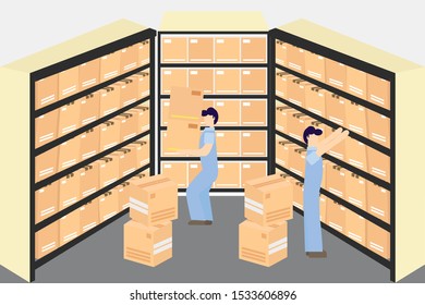 Illustration Warehouse store with Boxes On Rack And People working activity. packing, scanning barcode vector design
