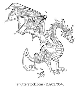 Illustration of warlike dragon from ancient legend. Printable page for kids coloring book. Print for logo or tattoo. Sheet for drawing and meditation for children and adults. Mythological animal.