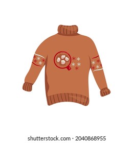 Illustration of a warm brown sweater with white, red snowflakes and a cup of cappuccino with marshmallows. Used for winter design, cards, posters. Warm clothes for the holiday. Ugly Christmas sweater.