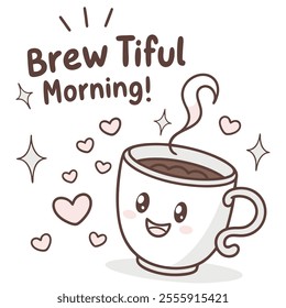 An illustration of a warm cup of coffee with a cute smiling face, surrounded by small hearts and sparkles. It conveys a message of warmth and morning enthusiasm. Perfect for branding product