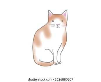 An illustration of a warm and gentle brown and white cat sitting and looking straight ahead