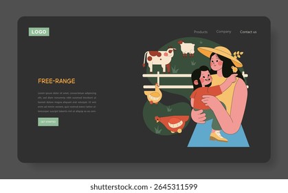 Ilustração de uma cena quente e convidativa da fazenda de ovos com uma mãe e um filho entre os animais de fazenda. Destaca a alegria da vida agrícola, destacando as práticas ao ar livre e os laços familiares na agricultura.