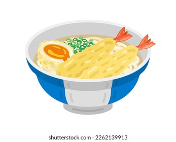 Illustration of warm shrimp tempura udon.