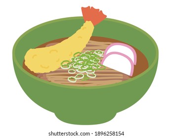Illustration of warm soba noodles of Japanese food. Shrimp tempura is on board. Vector data on a white background.