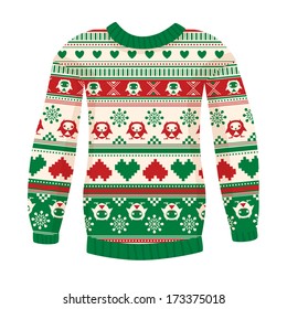 Illustration of warm sweater with owls and hearts. Red-Green version. May be used for winter design, cards, posters and many other.