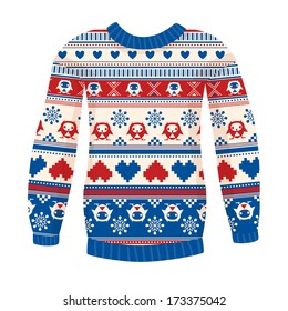 Illustration of warm sweater with owls and hearts. Red-Blue version. May be used for winter design, cards, posters and many other.