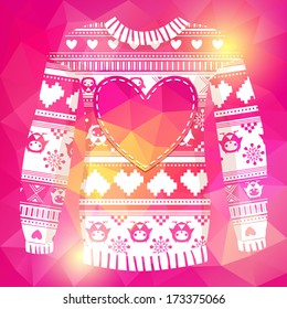 Illustration of warm sweater with owls and hearts in polygonal style. Pink version. May be used for winter design, cards, posters and many other.