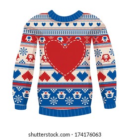 Illustration of warm sweater with owls and hearts. Red-Blue version. May be used for winter design, cards, posters and many other.