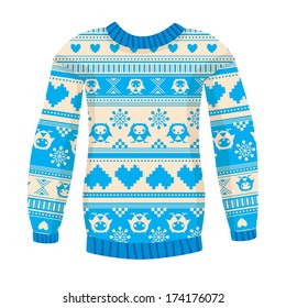 Illustration of warm sweater with owls and hearts. Blue version. May be used for winter design, cards, posters and many other.