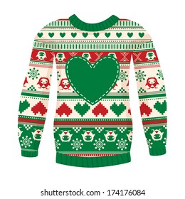 Illustration of warm sweater with owls and hearts. Red-Green version. May be used for winter design, cards, posters and many other.