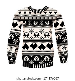 Illustration of warm sweater with owls and hearts. White-Black version. May be used for winter design, cards, posters and many other.