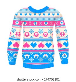 Illustration of warm sweater with owls and hearts. Pink-Blue version. May be used for winter design, cards, posters and many other.