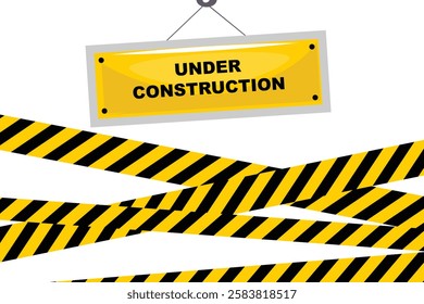 Illustration of a warning sign featuring a Under Construction shield and rolls of hazard tape, conveying a message of caution and ongoing activity