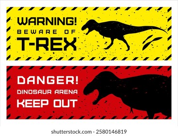 Illustration of warning signs about T.rex dinosaur in a retro style. Yellow and red banners. Vector