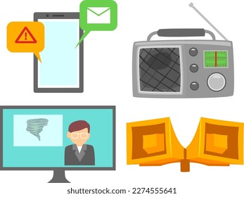 Illustration of Warning System Devices Such as Tablet with Message and Warning Icon, Radio, Television with Tornado Broadcast, and Megaphone