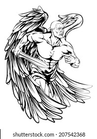 An illustration of a warrior angel character or sports mascot holding a sword