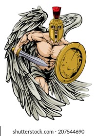 An illustration of a warrior angel character or sports mascot  in a trojan or Spartan style helmet holding a sword and shield 