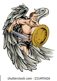 An illustration of a warrior angel character or sports mascot holding a sword and shield