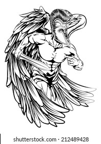 An illustration of a warrior angel character or sports mascot  in a trojan or Spartan style helmet holding a sword 