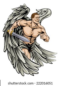 An illustration of a warrior angel character or sports mascot with large wings holding a sword