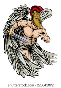 An illustration of a warrior angel character or sports mascot with big wings  in a trojan or Spartan style helmet holding a sword 