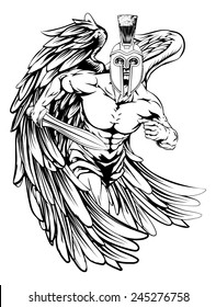 An illustration of a warrior angel character or sports mascot  in a Trojan or Spartan style helmet holding a sword 