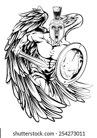 An illustration of a warrior angel character or sports mascot  in a trojan or Spartan style helmet holding a sword and shield 