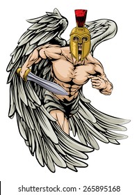 An illustration of a warrior angel character or sports mascot  in a trojan or Spartan style helmet holding a sword
