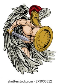 An illustration of a warrior angel character or sports mascot  in a trojan or Spartan style helmet holding a sword and shield 