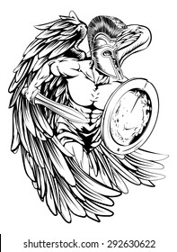 An illustration of a warrior angel character or sports mascot  in a trojan or Spartan style helmet holding a sword and shield
