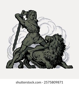 Illustration of a warrior battling a lion. The warrior, holding a sword, stands over the lion. The scene depicts strength, courage, and bravery. Vintage illustration isolated on white, vector.