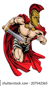 An illustration of a warrior character or sports mascot  in a trojan or Spartan style helmet holding a sword 