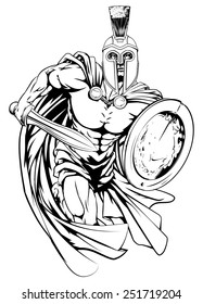An illustration of a warrior character or sports mascot  in a trojan or Spartan style helmet holding a sword and shield 
