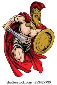 An illustration of a warrior character or sports mascot  in a trojan or Spartan style helmet holding a sword and shield 