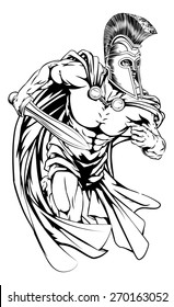 An illustration of a warrior character or sports mascot  in a trojan or Spartan style helmet holding a sword
