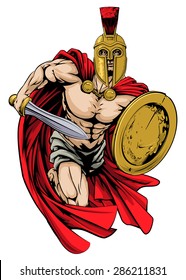 An illustration of a warrior character or sports mascot  in a trojan or Spartan style helmet holding a sword and shield
