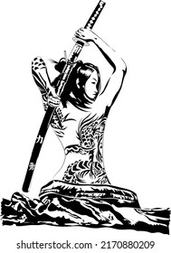 ilustración de la guerrera geisha sentada a su espalda sosteniendo katana