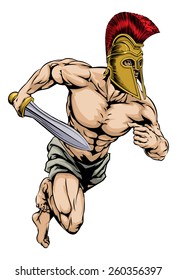 An illustration of a warrior or gladiator character or sports mascot  in a trojan or Spartan style helmet holding a sword 