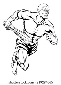 An illustration of a warrior or gladiator man character or sports mascot holding a sword
