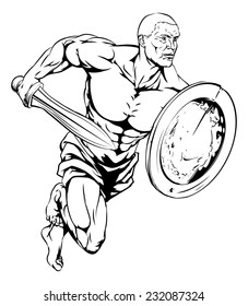 An illustration of a warrior or gladiator man character or sports mascot holding a sword and shield