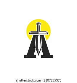 Illustration of warrior, king, gladiator sword weapon icon logo illustration with letter A.