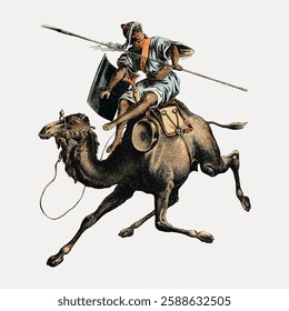 Illustration of a warrior on a camel, holding a spear and shield, wearing traditional attire. The camel is in motion, depicting a dynamic scene. Vintage animal illustration vector.