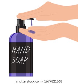 Ilustración de la mano de lavado o uso de jabón líquido para evitar el virus de la corona. Campaña para reducir la propagación del virus de la corona. Vector plano aislado en blanco.