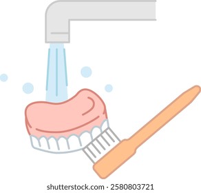 Illustration of washing dentures in a washroom