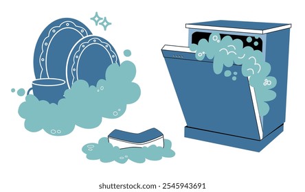 An illustration of washing dishes in the outline style. Plates and cups in foam, a sponge with detergent and a dishwasher.